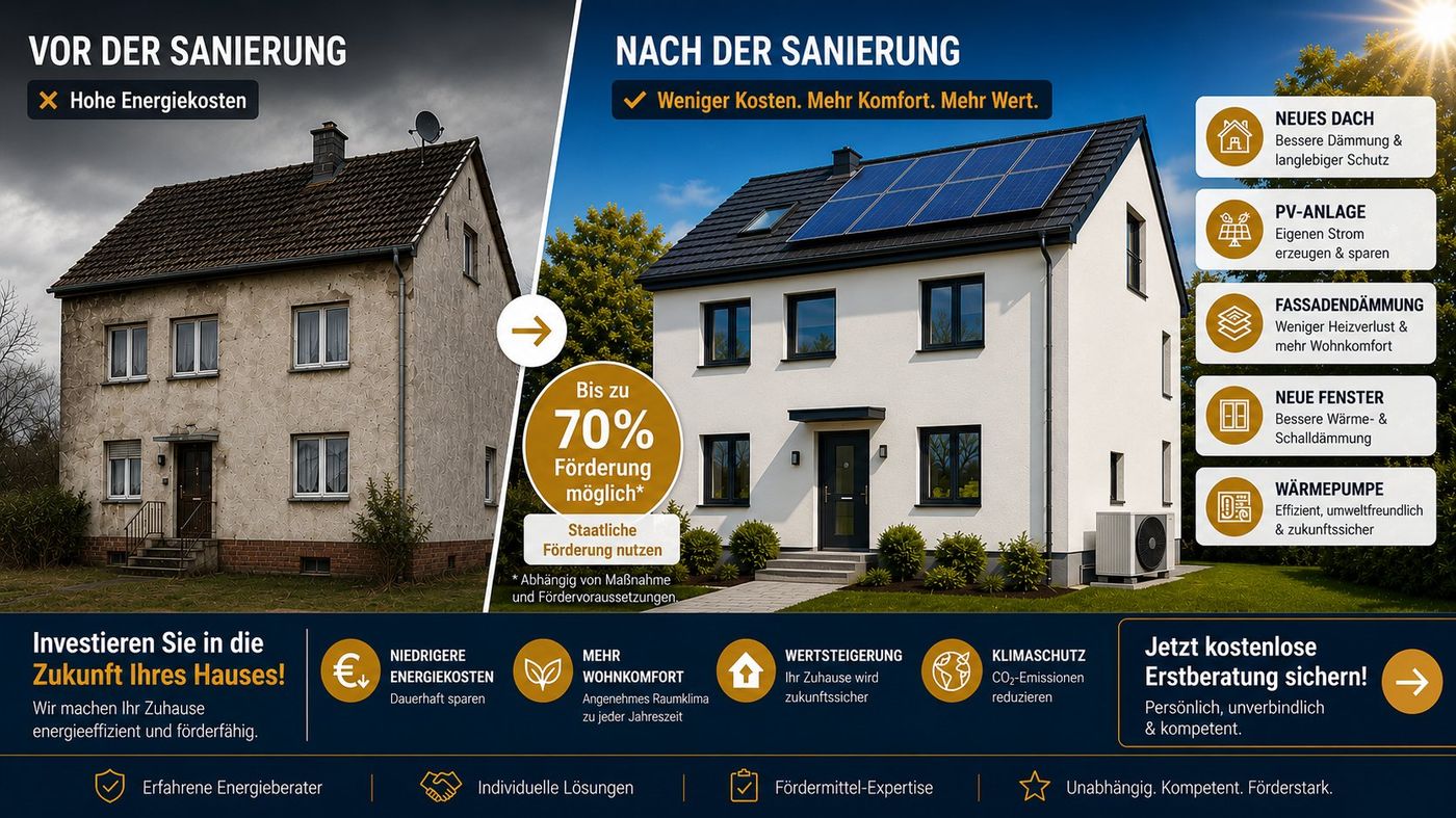 Einfamilienhaus vor und nach energetischer Sanierung in Sachsen-Anhalt: unsaniertes Gebäude mit hohen Energiekosten im Vergleich zum sanierten Haus mit Photovoltaik-Anlage, Fassadendämmung, neuen Fenstern und Wärmepumpe — bis zu 70% Förderung möglich